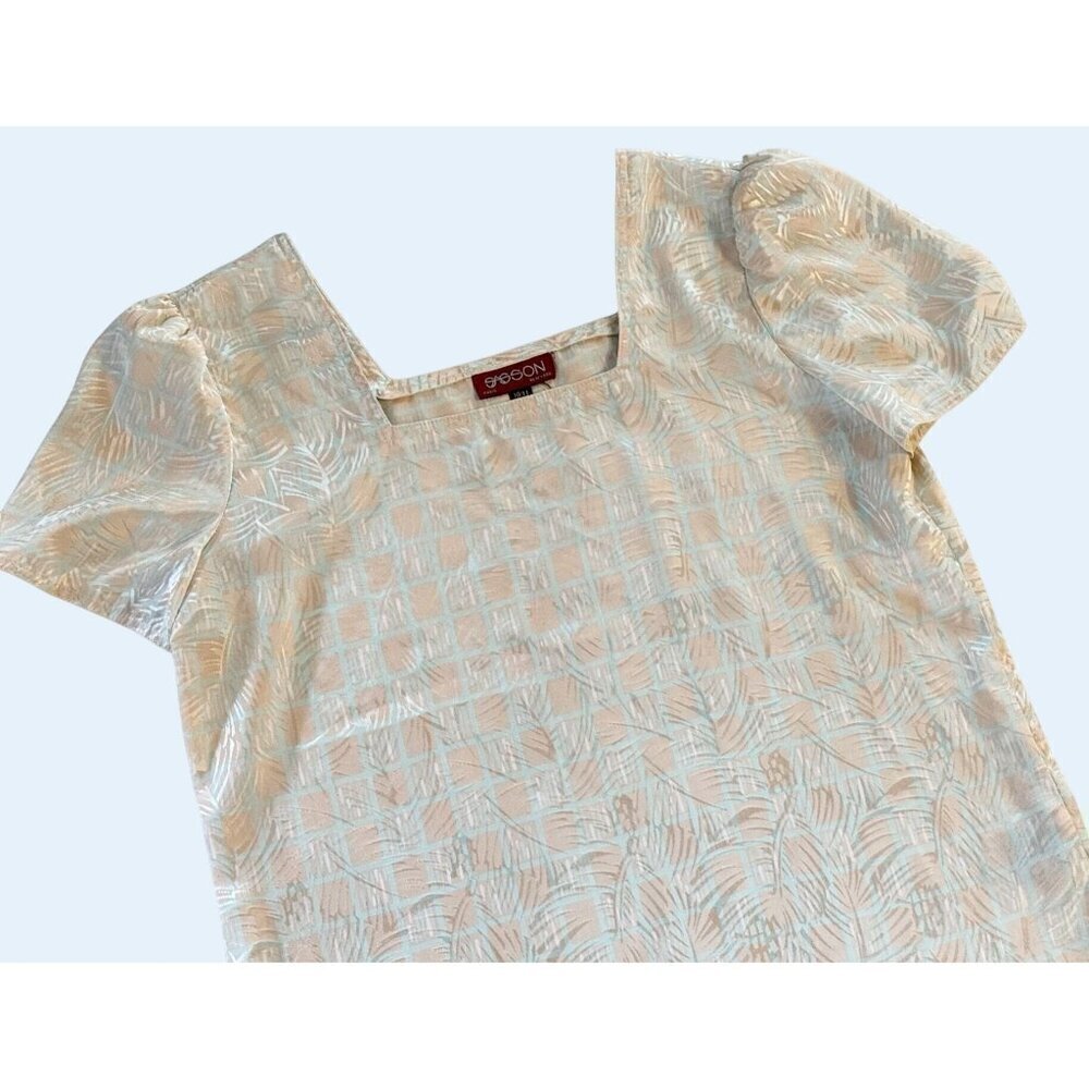 Vintage SASSON 1980s Puff Sleeve Square Neck Silky Blouse Top Shirt Sz SM